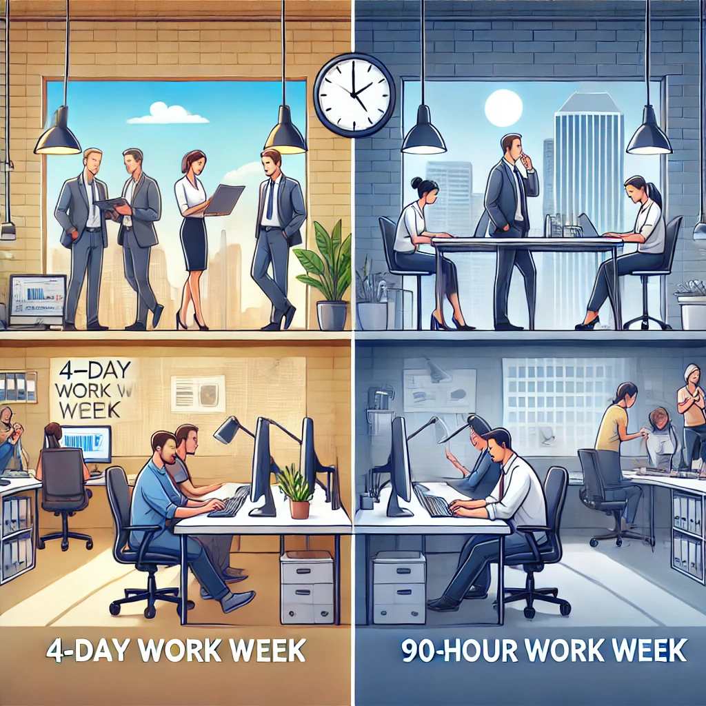 India 4-day work week analysis - office workers discussing work-life balance