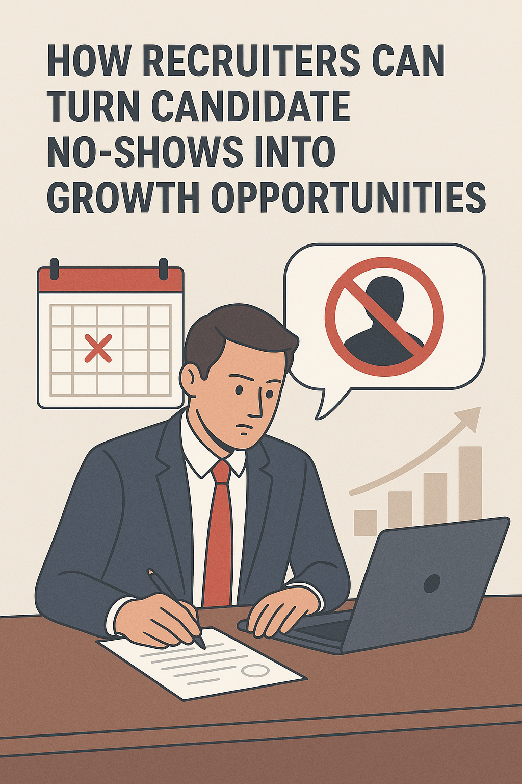 Recruiter at desk facing candidate no-show challenge with calendar, crossed-out icon, and growth chart, symbolizing turning recruitment setbacks into opportunities