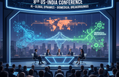 US-India Conference 8th edition discussing AI technology, global dynamics, and biomedical innovation at UCSC Santa Clara