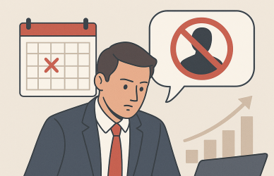 Recruiter at desk facing candidate no-show challenge with calendar, crossed-out icon, and growth chart, symbolizing turning recruitment setbacks into opportunities