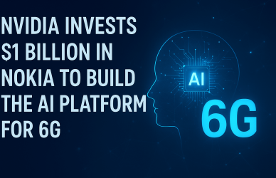 Futuristic digital graphic showing the text “NVIDIA invests $1 billion in Nokia to build the AI platform for 6G,” with a glowing blue human head outline, AI chip icon, and “6G” text symbolizing artificial intelligence and next-generation network technology